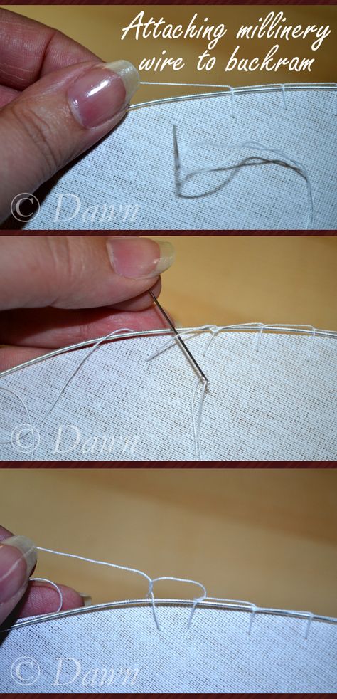 How to attach wire to buckram if you're making your own hat #millinery Blog has step-by-step photos with technique. Millinery Diy, Make Your Own Hat, Sewing Hats, Mad Hatter Hat, Hat Tutorial, Millinery Hats, Diy Hat, Hat Ideas, Doll Hat