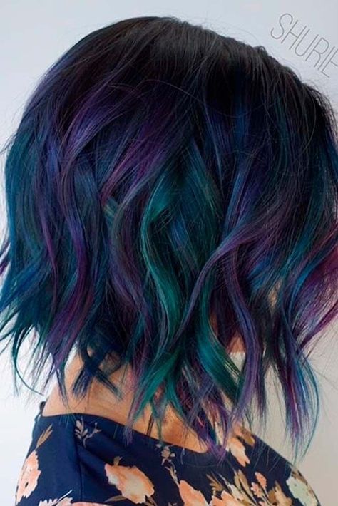 Short Hair Rainbow Color, Balayage For Short Hair, Peacock Hair Color, A Line Haircut, Peacock Hair, Dramatic Hair, Luxurious Hair, Dimensional Color, Fun Hair