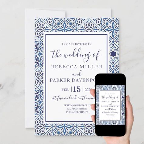 Blue Spanish Tiles Wedding invitation  Zazzle Tiles Advertisement, Rebecca Miller, Spanish Tiles, Spanish Tile, Garden Club, You Are Invited, Wedding Invitation, Wedding Invitations, Created By