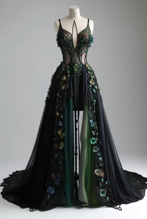 Fantasy Clothing Dresses, Dark Floral Gown, Dark Fantasy Dress, Printed Frocks For Women, Frock Suit Ideas, Fae Fashion, Fairy Ball Gown, Handfasting Dress, Frocks For Women