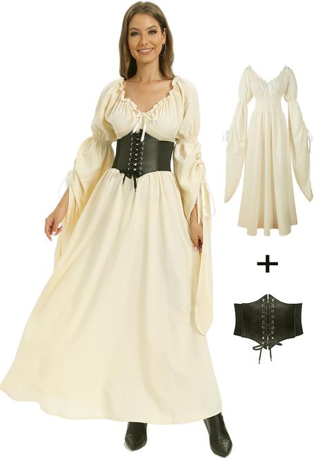 PRICES MAY VARY. ❁Be Ready for Halloween❁ Renaissance dress for women has drawstring at neckline, bell sleeve cuff and waist, which can be adjusted to fit your figure without feeling too tight. Off the shoulder design and ruffled collar detail adds a elegant element, show your beautiful slim swan neck. Our witch dress for women combined stylish with retro style, make you more attractive. ❁Excellent Quality Material❁ Exquisite workmanship and superior printing and dyeing technology. In order to p Witch Corset Costume, Cute Women Halloween Costumes, Medieval Gothic Fashion, Medieval Witch Costume, Midevil Outfits, Fairy Cosplay Costumes, Witch Costumes For Women, Halloween Costumes Witch, Medieval Dress Peasant