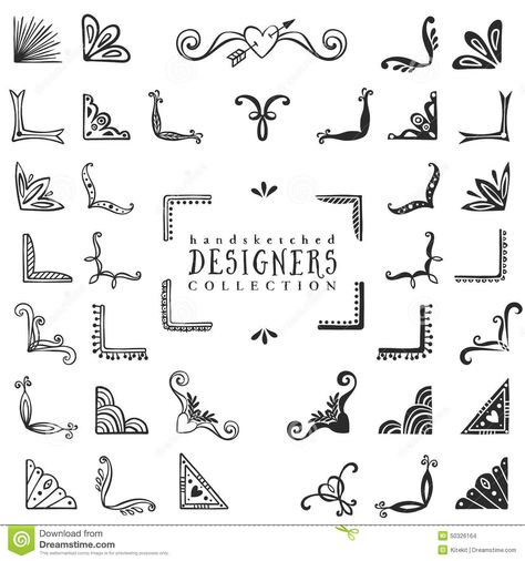 Vintage decorative corners collection. Hand drawn vector design Text Dividers, Sketch Note, Pola Bordir, Doodles Zentangles, Hand Drawn Vector, Bullet Journal Doodles, Chalkboard Art, Journal Doodles, Travel Scrapbook