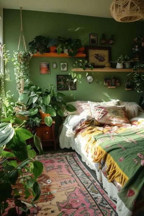 Boho Chic Living and All | Yay or nay | Facebook Green Bohemian Bedroom, Cozy Bedroom Plants, Bedroom Earthy, Maximalist Bedroom, Maximalist Interior Design, Boho Cozy, Earthy Bohemian, Earthy Bedroom, Maximalist Interior