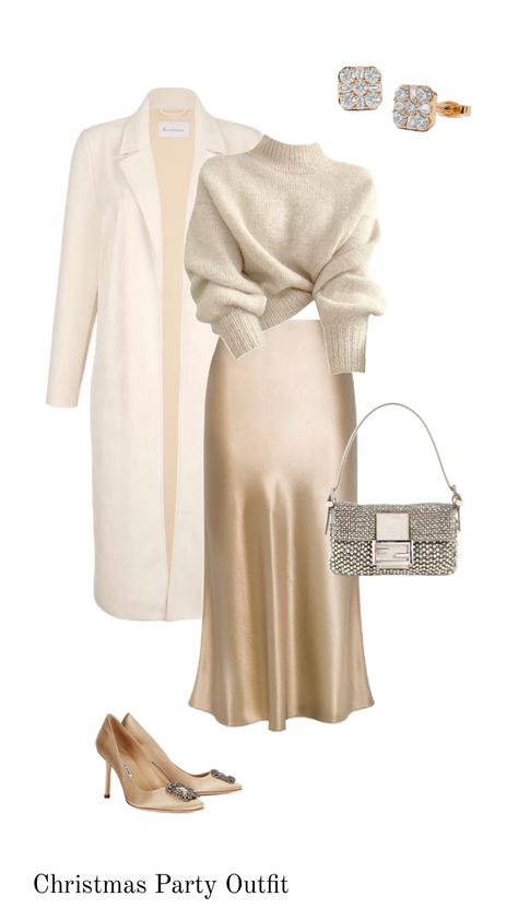 Christmas Party Outfit: Champaign Satin Skirt with cream and silver accessories Company Christmas Party Outfit, Fashion Challenge, Office Girl, Company Christmas Party, Christmas Party Outfit, Satin Skirt, Silver Accessories, Black Tie, Party Outfit