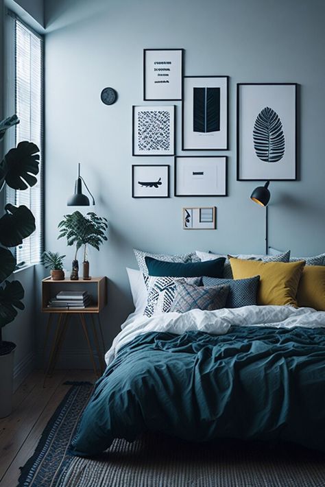 Black White Gray Blue Bedroom, Navy Blue Cream Gray Bedroom, Neutral Master Bedrooms With Pop Of Color, Blue Grey Boho Bedroom, Black White And Light Blue Bedroom, Blue Gray And Brown Bedroom, Grey Flooring Bedroom Color Schemes, Blue Monochromatic Bedroom, Light Blue And Black Bedroom Ideas