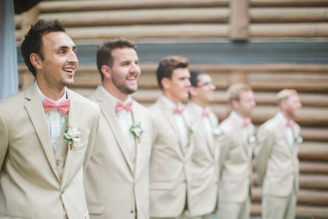 Pink And Yellow Groomsmen, Men’s Suits For Wedding, Black Groomsmen Suits, Khaki Wedding, Pink Groomsmen, Prom Tux, Color Melon, Wedding Groomsmen Attire, Tan Suit