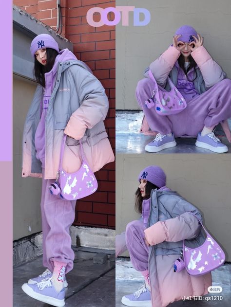 Colorful Streetwear Women, Streetwear Fashion Colorful, Colorful Comfy Outfits, Holo Outfit, Jojo Outfit Ideas, Purple Winter Outfit, Purple And Pink Outfit, Hongdae Fashion, Colourful Grunge