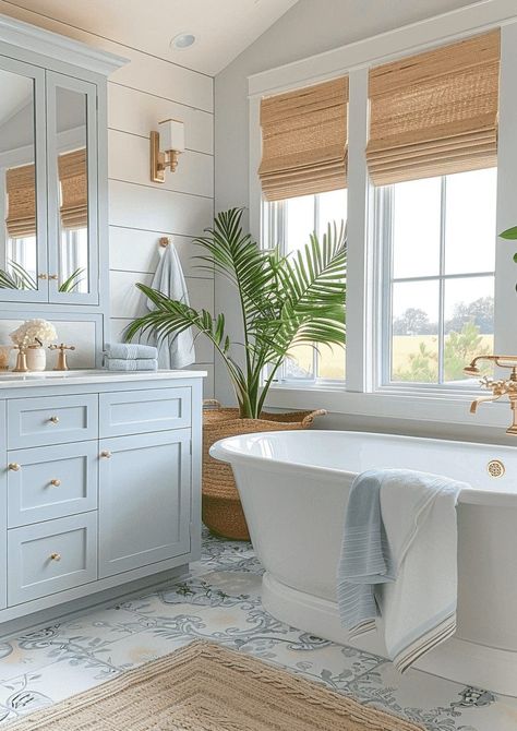 Bathroom Ideas Hamptons Coastal Style, Cape Cod Style Bathroom, Sea Inspired Bathroom, Florida Bathroom Ideas, Coastal Grandma Bathroom, Neutral Coastal Bathroom, Beachy Bathroom Ideas, Coastal Blue Bathroom, Beachy Bathroom Coastal Style