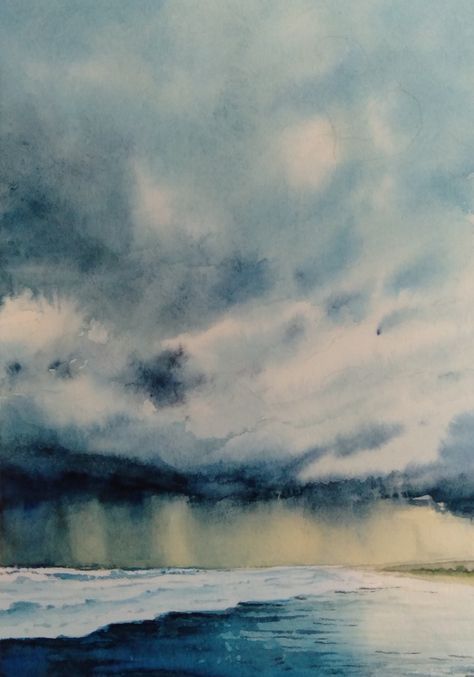 Stormy and sea  #watercolor #stormy #sea #watercolorpainting #sky #watercolorlandscape Atmospheric Watercolor, Watercolor Skies, Rain Watercolor, Watercolor Painting Easy, Painting Clouds, Rainy Sky, Weather Art, Sea Watercolor, Watercolor Sky