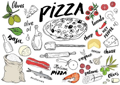 Pizza Preparation, Pizza Drawing, Pizza Art, Pizza Menu, Pizza Ingredients, Vector Photo, Lettering Design, Line Drawing, Food Art