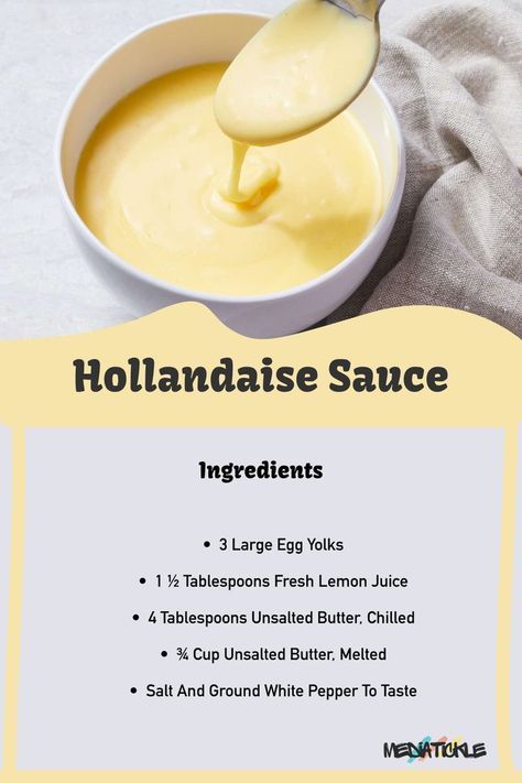 Hollandaise Sauce Ingredients: Butter, egg yolks, lemon juice, and a hint of cayenne pepper. Perfect your brunch game with this creamy classic! 🍳🍋 #HollandaiseSauce #BrunchRecipes Eggs With Hollandaise Sauce, Benedict Eggs Recipe Hollandaise Sauce, Magic Butter Sauce, Egg Benedict Sauce, Lemon Hollandaise Sauce, Benedict Sauce Recipe, Holindaise Sauce, Eggs Benedict Hollandaise Sauce, Egg Benedict Recipe