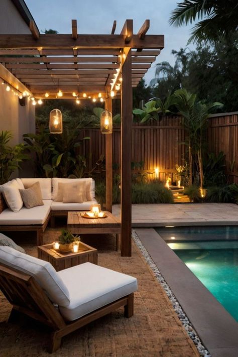 Backyard transformation with elegant pergola and seating area. Small Modern Backyard, Backyard Transformation, Rattan Patio Furniture, Mini Pool, Cozy Backyard, Modern Backyard, Patio Lighting, Fire Pits, Backyard Ideas