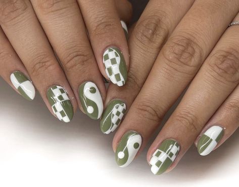 Olive Green Checkered Nails, Green Checkerboard Nails, Green Checkered Nails, Checker Nails, Checkerboard Nails, Checkered Nails, Mens Nails, Retro Nails, Nails Makeup