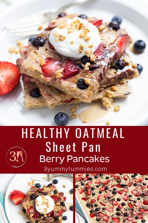 These Healthy Oatmeal Sheet Pan Berry Pancakes are made in a blender for an easy and flavorful breakfast.  Leftovers make a great meal option for busy weekday mornings. Sheet Pan Oat Pancakes, Oat Flour Sheet Pan Pancakes, Healthy Sheet Pancakes, Oatmeal Sheet Pan Pancakes, Leftover Oatmeal Pancakes, Homemade Sheet Pan Pancakes, Sheet Pan Oatmeal Pancakes, Healthy Sheet Pan Pancakes, High Protein Sheet Pan Pancakes