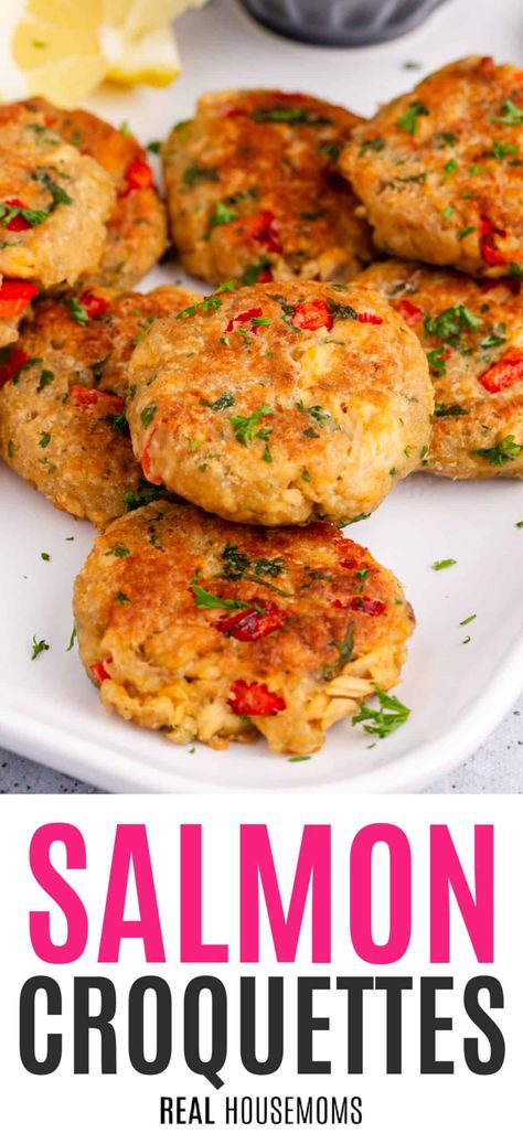 Crispy on the outside, warm and flavorful on the inside, this savory Salmon Croquette recipe holds all the appeal of authentic New England Crab Cakes, but can be made in just minutes! #Realhousemoms #salmon #croquettes #appetizer #maindish #healthy #supereasy #easyrecipe #valentinesday #newyearseve Healthy Salmon Croquettes, Fish Croquettes Recipe, Salmon Croquette, Croquette Recipe, Fishball Recipe, Salmon Croquettes Recipe, Easy Taco Salad Recipe, Savory Salmon, Salmon Fish Cakes