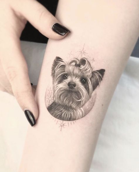 Dog Portrait Tattoo Black And White, Micro Dog Portrait Tattoo, Shihtzu Tattoos Minimalist, Yorkie Tattoo, Tattoo Pet, Pet Memorial Tattoo, Dog Portrait Tattoo, Puppy Tattoo, Small Dog Tattoos