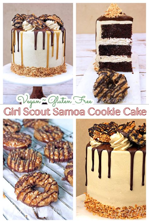 Girl Scout Samoa Cookie Cake Samoa Cake, Vegan Ganache, Samoa Cookie, Vegan Chocolate Ganache, Layer Cake Filling, Samoa Cookies, Coconut Buttercream, Biscoff Cookie Butter, Buttery Shortbread Cookies