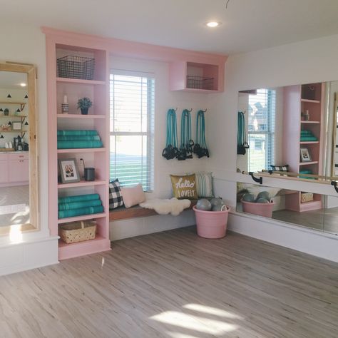 Playroom With Dance Area, In Home Ballet Studio, Home Gym And Dance Studio, At Home Dance Space, Dance Room Aesthetic In House, Dance Studio Bedroom, Bedroom Dance Studio, Small Home Dance Studio, Girly Workout Room