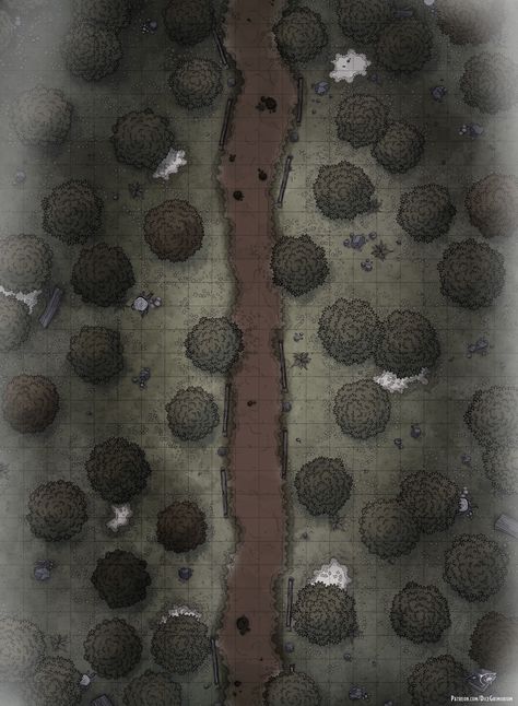 A battlemap of a dark forest surrounded by mists. Dnd Dark Forest Map, Dark Forest Battlemap, Shadowfell Battle Map, Forest Map Rpg, Dnd Forest Map, West Map, Top Down Game, Space Map, Forest Village