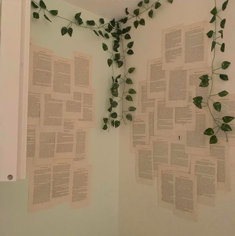 aesthetic page wall, vines Book Pages On Wall Bedroom Aesthetic, Vines In Classroom, Book Pages Wall Decor Aesthetic, Book Page Wall Bedroom, Book Pages On Wall Aesthetic, Bookish Wall Decor, Aesthetic Bedroom With Vines, How To Hang Vines On Walls, Book Pages On Wall Bedroom