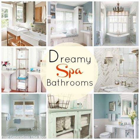 Dreamy spa bathrooms @Mandy Dewey Generations One Roof Spa Bathroom Colors, Tile Wainscoting, Spa Bathroom Ideas, Spa Bathrooms, Spa Bathroom Design, Spa Bathroom Decor, Spa Inspired Bathroom, Spa Bathroom, Bathroom Color Schemes