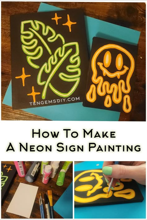 Oh my gosh, this tutorial for How To Make A Neon Sign Painting has us so excited! These DIY neon signs will go great next to the lava lamp. One Lesson Art Ideas, Neon Art Tutorial, Halloween Neon Painting, Glow In The Dark Elementary Art, Elementary Painting Lessons, Neon Art Lesson, Easy Art Class Ideas, Painting Projects For Middle School, Arts And Crafts Middle School