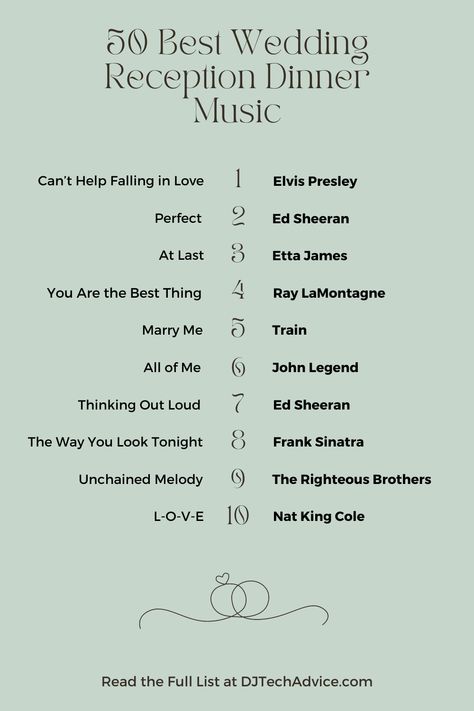 Set the mood for an enchanting evening with these first 10 songs from our handpicked collection of the 50 Best Wedding Reception Dinner Music. From timeless classics to modern favorites, these romantic melodies will create an unforgettable ambiance for you and your guests as you dine and revel in the joy of love. Wedding Songs 2023, Wedding Reception Music Playlist, Wedding Music Checklist, Top Wedding Reception Songs, Wedding Dinner Music, Wedding Music Playlist, Music Lists, Perfect Playlist, Best Wedding Reception