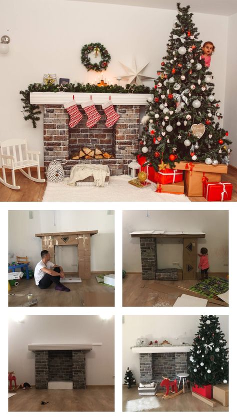 DIY fireplace for Christmas shooting decor using boxes Diy Pretend Fireplace, Chimney Christmas Decor Diy, Diy Fireplace For Christmas, Chimney Photoshoot, Homemade Fireplace For Christmas, Fake Chimney For Christmas, Diy Chimney Fireplaces Christmas, Diy Fireplace Christmas, Christmas Fireplace Diy