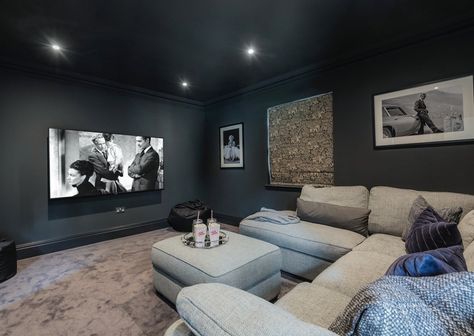 Theater Room Paint Colors, Media Room Colors, Basement Tv Rooms, Game Room Ideas, Living Room Home Theater, Home Theater Room Design, Theater Room Design, Charcoal Colour, Watching A Movie