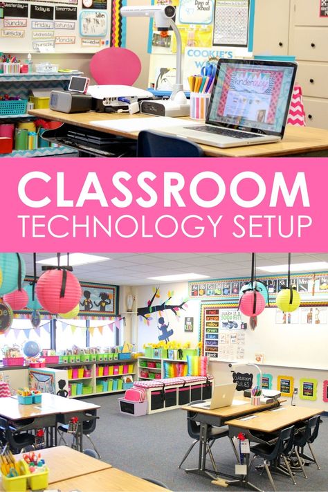 Classroom technology doesn't have to be ugly! Check out this kindergarten Teacher's Technology Station in her classroom. Technology Center Classroom, Technology In Kindergarten Classroom, Ict Classroom Setup, Technology Classroom Design, Classroom Smartboard Setup, Smart Board Classroom Set Up, Classroom Technology Ideas, Classroom Computer Station, Computer Classroom Design