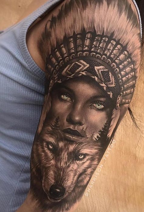 42 Best Arm Tattoos – Meanings, Ideas and Designs for This Year - Page 16 of 42 - Womensays.com Women Blog Indian Women Tattoo, Native American Wolf Tattoo, Indian Girl Tattoos, Wolf Tattoo Meaning, Wolf Tattoos For Women, Wolf Tattoo Ideas, 16 Tattoo, Chola Girl, Native American Tattoo