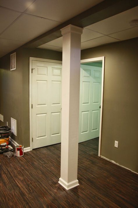 Over on Dover: A Post About A Post: Disguising A Basement Support Pole Basement Pole Covers, Basement Poles, Small Basement Remodel, Basement Remodel Diy, Ranch Remodel, Diy Basement, Basement Windows, Garage Remodel, Basement Apartment