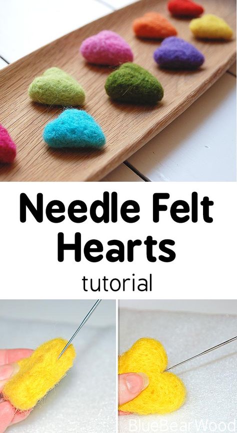 How To Make Cute And Colourful Needle Felt Hearts Needle Felting Free Pattern, Needle Felting Garland, Needle Felted Hearts, Felt Hearts Diy, Felt Ball Crafts, Felted Hearts, Tovad Ull, Craft To Make, Needle Felting Tutorial