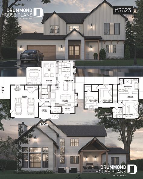 House plan 3 bedrooms, 2.5 bathrooms, garage, 3623 | Drummond House Plans House Ideas With Garage, Dream Home Design Floor Plans, House Layout Ideas 2 Story, 3bedroom House Plan, Modern House Floor Plans 2 Story, House Floor Plans One Level, Floor Plan 5 Bedroom, Blue Prints House, Farmhouse Layout Floor Plans