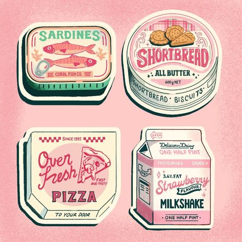 Each sticker features one of my colourful food packaging illustrations; Sardines can, shortbread tin, pizza box and milkshake carton. Hand drawn illustrations by @eveandersondraws. Professionally produced waterproof vinyl stickers printed with UV resistant inks. Each sticker measures ~7cm x 6cm Packing Illustration, Cute Pink Stickers, Sardines Illustration, Packaging Sticker Design, Tin Can Packaging, Tin Box Packaging, Stickers On Laptop, Restaurant Stickers, Receipt Sticker