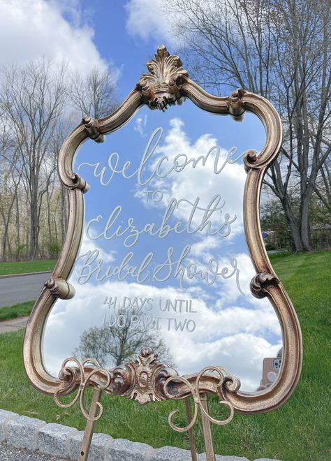 Bridal Shower Mirrors, Bridal Shower Signs Entrance Mirror, Bridal Shower Signs Mirror, Bridal Shower Welcome Mirror, Royal Bridal Shower Theme, Fairytale Theme Bridal Shower Ideas, Bridal Shower Mirror Welcome Sign, Romantic Bridal Shower Theme, Vintage Bridal Shower Ideas Decoration