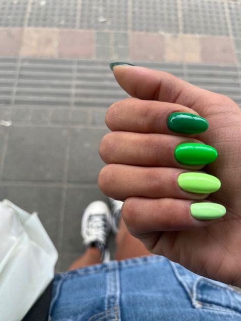 Shade Of Green Nails, Multicolor Green Nails, Easy Green Nails Ideas, Ireland Nails Irish, Fun Nail Ideas Almond Shape, March Green Nails, Green Skittle Nails, Multi Colored Green Nails, Different Shade Of Green Nails