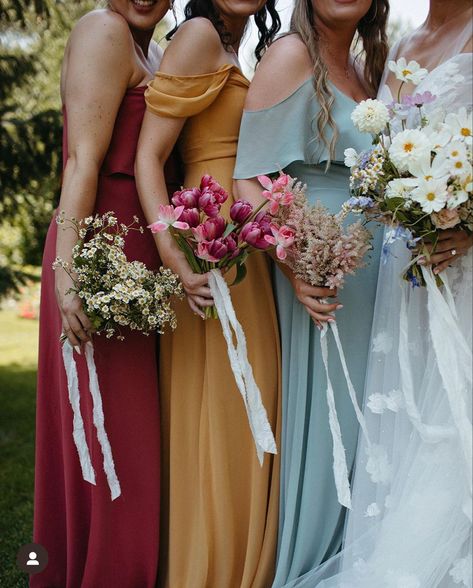 Bridesmaid One Flower, Each Bridesmaid Different Bouquet, Different Bridesmaid Bouquets, Different Bouquets For Bridesmaids, Bridesmaids Single Flower Bouquet, Wildflower Bridesmaid Dresses Color Schemes, Olive Green Bridesmaid Dress Bright Flowers, Single Variety Bridesmaid Bouquet, Wildflower Wedding Bridesmaid Dresses