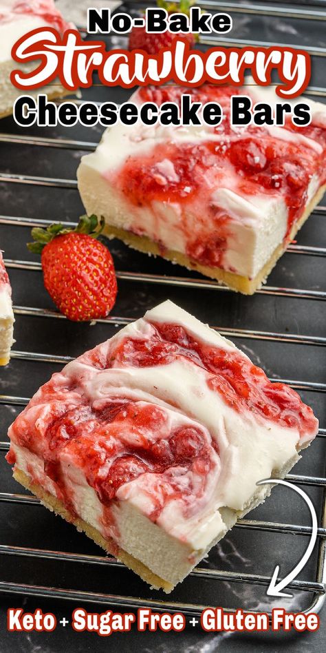 Healthy Strawberry Dessert, Sugar Free Desserts Easy, No Bake Strawberry Cheesecake, Strawberry Cheesecake Bars, Low Sugar Desserts, Sugar Free Cheesecake, Sugar Free Baking, Easy Gluten Free Desserts, Sugar Free Recipes Desserts