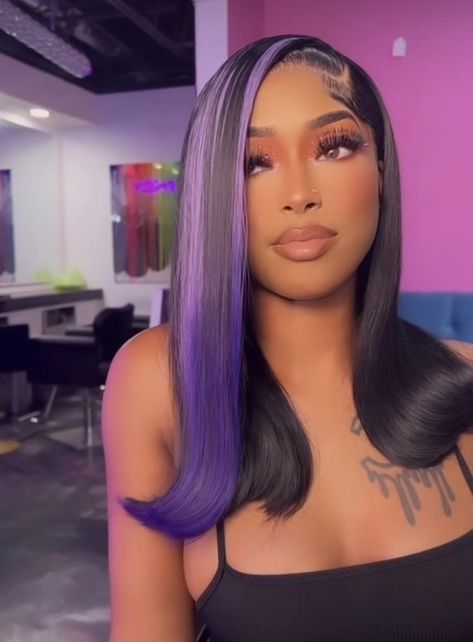 Purple Highlights Frontal Wig, Black Wig With Streaks, Straight Wig Hairstyles Black Women Color, Concert Wig Styles, Purple Ombre Hair Black Women, Purple Ombre Wig Black Women, Purple And Black Lace Front Wig, Purple Skunk Stripe Wig, Black And Purple Quick Weave