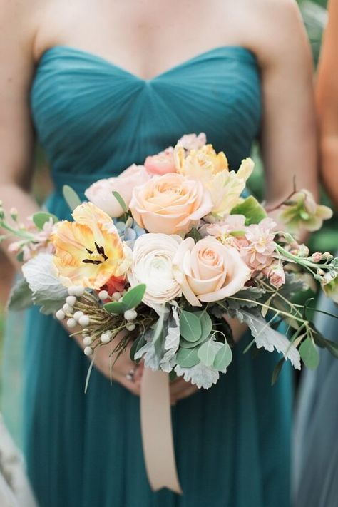 Blue Wedding - Teal Bridesmaid Dresses Paired with Light Brown Decorations - ColorsBridesmaid Teal Blue Bridesmaid Dresses, Fall Beach Wedding Colors, Wedding Cake Brown, Brown Wedding Ideas, Bridesmaid Dresses Different Colors, Teal Bridesmaid, Teal Bridesmaid Dresses, Bridal Party Flowers, White Bridal Gown