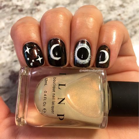 Solar eclipse nails using a black base with ILNP The Magician over top #manicurediary Eclipse Nail Ideas, Solar Eclipse Nails Design, Eclipse Nails Design, Solar Eclipse Nail Art, Eclipse Nail Art, Solar Eclipse Nails, Eclipse Nails, Solar Nail Designs, Social Construct