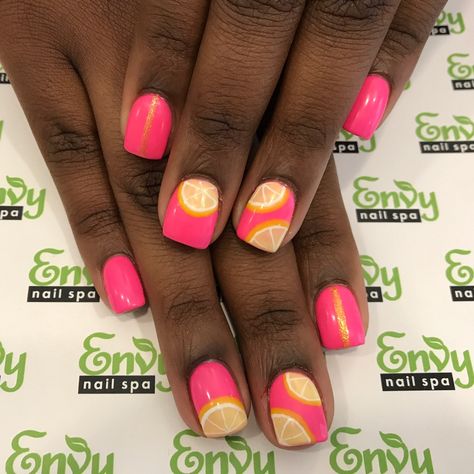 Pink And Lemon Nails, Lemon Slice Nail Art, Neon Pink Nails With Design, Lemon Toe Nail Designs, Summer Lemon Nails, Lemon Design Nails, Lemon Slice Nails, Pink Lemon Nails, Strawberry Lemonade Nails