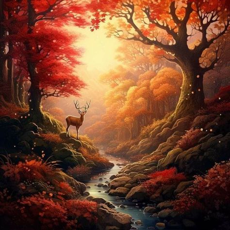 Autumn Scenery Painting Easy, Autumn Forest Fantasy Art, Draw Autumn Ideas, Autumn Images Nature, Autumn Pictures Art, Autumn Fantasy Art, Autumn Potpourri, Fall Landscape Art, Tree Energy