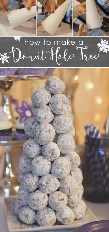 Are you hosting a party this winter? Here's the perfect, simple wintery party treat for you to provide for your guests. Put together this donut hole tree in under 5 minutes! Donut Hole Tree, Breakfast Party Decorations, Donut Tree, Winter Onederland Party Girl 1st Birthdays, Christmas Brunch Party, Hot Chocolate Bar Party, Winter Onederland Party Girl, Winter Wonderland-party, Birthday Breakfast Party