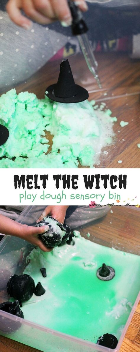 Melt the Witch Play Dough Sensory Bin - Wizard of Oz pretend play that takes 5 minutes to set up and the kids can play for over an hour! A fun twist on the traditional baking soda and vinegar experiment Wizard Of Oz Art Projects For Kids, Wizard Of Oz Activities, Baking Soda Experiments, Traditional Baking, Kids Play Dough, Room On The Broom, Halloween Sensory, Experiments For Kids, Theme Harry Potter