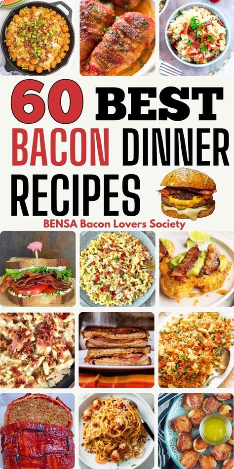 A collage with 12 different bacon dinner photos. Easy Bacon Recipes Dinners, Bacon Wrapped Dinner Ideas, Easy Dinners With Bacon, Bacon Dinners Easy, Dinner Recipes Using Bacon, Bacon And Egg Recipes Dinners, Meals Using Bacon, Foods With Bacon, Dinner Ideas Using Bacon