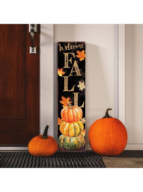 Welcome the autumn season with the 36in Fall Pumpkin Welcome Porch Sign, a perfect blend of rustic charm and modern farmhouse style. This front porch sign features a warm "Welcome" message alongside a classic pumpkin design, making it an ideal addition to your fall decor. Crafted from high-quality wood, this sign is designed to withstand the outdoor elements, ensuring it remains a beautiful part of your seasonal decor year after year. Standing at 36 inches tall, this porch sign creates a bold an Tall Fall Porch Signs, Pumpkin Board Signs, Pumpkin Porch Signs, Hello Fall Porch Sign, Fall Welcome Boards, Fall Wooden Signs Front Porches, Fall Porch Leaners, Fall Decor For Front Door, Entryway Fall Decor