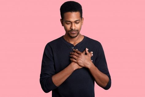 Hands On Chest, Pink People, Black Casual Shirt, Love Gratitude, Heart Piercing, Male Eyes, Male Hands, Closed Eyes, Business Icons