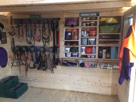 Tack Room Shelves, Horse Equipment Storage, Horse Shavings Storage Ideas, Tack Room Organization Diy Storage Ideas, Feed Shed Ideas, Horse Tack Storage Ideas, Horse Tack Shed Ideas, Tack Shed Organization, Tack Room Ideas Organizations